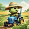 3D render of baby turtle wearing farmers clothes and driving a tractor