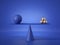 3d render, balancing blue and gold balls placed on weighing scales, abstract geometric primitive shapes isolated on blue