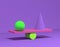 3D render of balancing geometric shapes. Lavender background. geometric installation. Ball, cone and cylinder