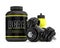 3d render of BCAA powder with dumbbells and water bottle