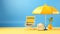 3d render of beach items umbella chair and hat on blue background