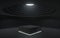 3d render, black abstract background, showcase platform mockup, white ceiling light, empty dark room, square stand, podium