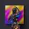 3d render, black bald woman body decorated decorated with paper flowers. Female mannequin, square geometric shape with colorful