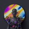 3d render, black bald woman portrait, female mannequin decorated with paper flowers, round geometric shape with colorful