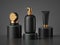 3d render, black cosmetic bottles with gold caps isolated on black background. Brutal minimal design blank package mockup.