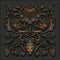 3d render, black gold antique floral carving, embossing, aged metallic tile, embossed botanical pattern, medieval ornament,