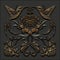 3d render, black gold antique floral carving, hummingbirds, tropic birds, aged metallic tile, embossed botanical pattern, medieval