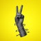 3d render, black human hand wrapped with barbed wire, isolated on yellow background. Victory gesture political statement.