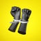 3d render, black human hands fists tied with plastic zip ties, isolated on yellow background. Criminal arrested.
