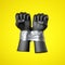 3d render, black human hands fists tied with tape, isolated on yellow background. Human rights violation.