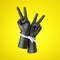 3d render, black human hands tied with plastic zip ties, isolated on yellow background. Victory gesture. Social justice