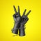 3d render, black human hands wrapped with barbwire, isolated on yellow background. Victory gesture. Never give up. Fight