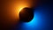 3d render, black round shape silhouette illuminated with yellow blue neon light. Eclipse metaphor, abstract shine concept