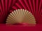 3d render. Blank showcase template for product display decorated with folded paper fans chinese style. Abstract red gold festive