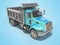 3d render blue dump truck with automatic closing trailer isolated perspective view on blue background with shadow