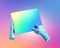 3d render blue mannequin hands hold digital pen and graphic tablet, electronic device pad with blank colorful screen, isolated