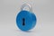 3D render blue metal Padlock icon isolated on white background. Minimal cyan lock. 3d rendering illustration