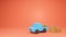 3D render blue pickup truck carrying Paper boxes on orange background