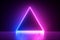 3d render, blue pink neon triangular frame, triangle shape, empty space, ultraviolet light, 80`s retro style, fashion show stage,