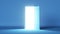 3d render, blue room, bright white light shining behind the opening door, flight forward, entering inside the doorway.