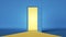 3d render, blue room, yellow bright light behind the opening door. Modern minimal concept.