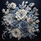 3d render of blue and white flowers bouquet on black background, generative ai