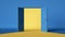 3d render, blue yellow background with double doors opening. Architectural design element. Modern minimal concept. Opportunity