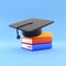 3D render books and graduate hat icon. 3D render Grad hat with books isolated on blue. 3D render education icon