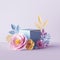 3d render, botanical background, cube pedestal decorated with pink yellow paper flowers, gift box mockup, blank cosmetics store