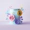 3d render, botanical background, cylinder pedestal decorated with pink yellow paper flowers, gift box mockup, blank cosmetics