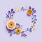 3d render, botanical background, round floral wreath, violet yellow craft paper flowers, festive arrangement, blank space, frame