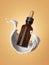 3d render, brown glass jar with pipette dropper levitate inside white liquid splash isolated on orange background. Aroma oil.