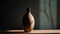 3d render of a brown vase on a wooden table in a dark room