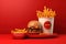 3d render burger and coffee cup, fries potatoes, ketchup isolated on red background illustration generative ai