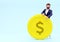 3d render businessman character with golden coin on blue background. Cartoon character with coin.