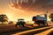 3D Render of a Bustling Farm at the Golden Hour: Tractors Tilling Fields, Farmers Harvesting Crops