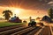 3D Render of a Bustling Farm at the Golden Hour: Tractors Tilling Fields, Farmers Harvesting Crops