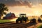 3D Render of a Bustling Farm at the Golden Hour: Tractors Tilling Fields, Farmers Harvesting Crops