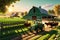 3D Render of a Bustling Farm Life Scene: Cows Grazing in Emerald Green Fields, Rustic Barn Dominating