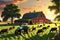 3D Render of a Bustling Farm Scene: Cows Grazing Serenely on Vibrant Green Pastures, Chickens Pecking