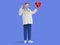 3d render. Cardiologist cartoon character shows finger up, holds red heart symbol. Clip art isolated on blue background. Medical