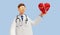 3d render. Cardiologist cartoon character shows red heart symbol. Clip art isolated on blue background. Medical application
