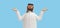 3d render, cartoon character arab man with beard wears traditional white clothes and looks at camera, hands up. Comparison or