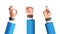 3d render, cartoon character businessman hands assorted gestures: okay, fist, crossed fingers. Business clip art set isolated