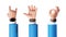 3d render, cartoon character businessman hands assorted gestures: rock, palm, okay. Business clip art set isolated