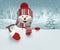 3d render cartoon character, Christmas banner with happy snowman toy, blank banner with winter landscape, New Year greeting card
