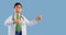 3d render. Cartoon character cute caucasian man doctor, wears glasses and uniform, shows right direction with finger. Medical clip