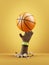 3d render, cartoon character dark skin tone hand holds basketball ball, isolated on yellow background. Sport clip art.