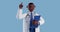 3d render, cartoon character doctor with dark skin, wears glasses, shows finger up, holds blue clipboard. Health care clip art