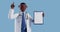 3d render, cartoon character doctor with dark skin, wears glasses, shows finger up, holds clipboard with blank paper. Medical